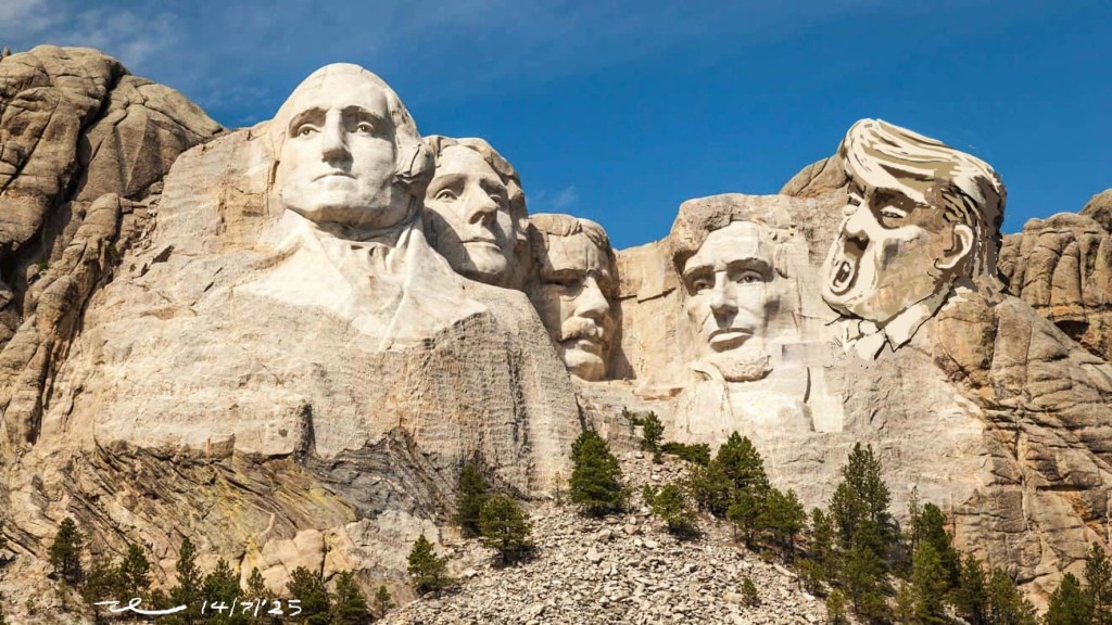 Ritratto satirico ideale di Donald Trump sul monte Rushmore. Parodia della mania di grandezza sostenuta da sostenitori servili.  