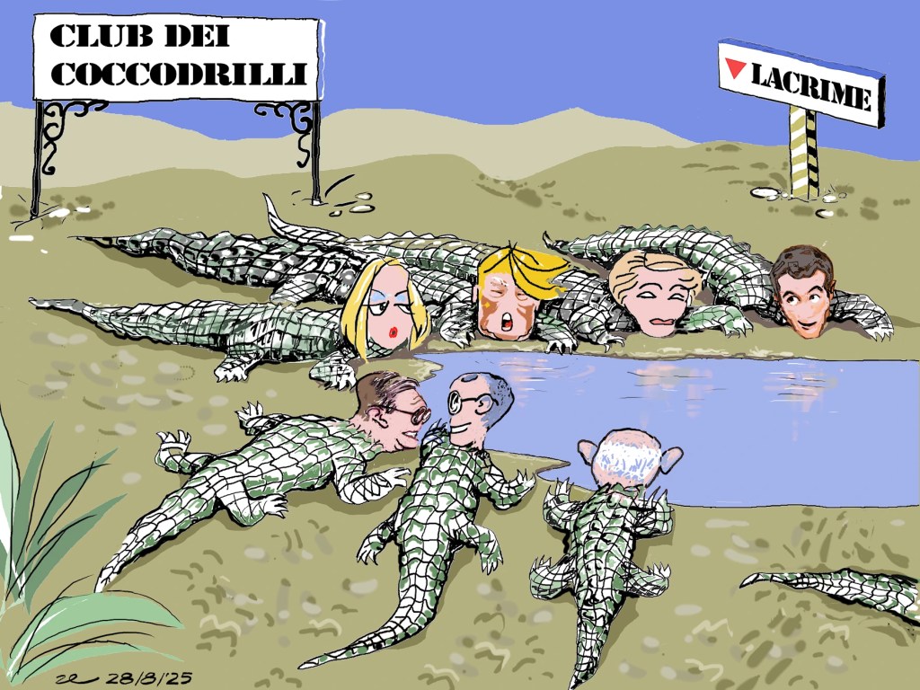 Immagine satirica raffigurante leader politici in posa contrita, tra lacrime e ipocrisie diplomatiche, sullo sfondo della devastazione di Gaza. Critica visiva al doppio standard delle potenze occidentali.