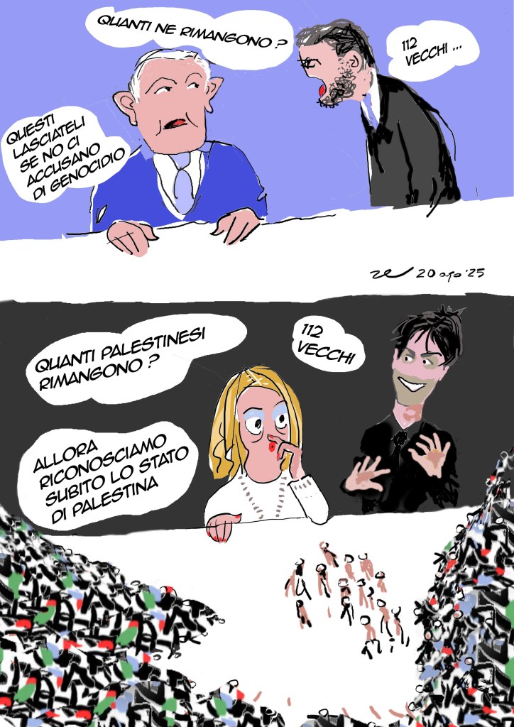 Composizione grafica intensa e drammatica che denuncia il genocidio a Gaza e l’ipocrisia internazionale. Satira visiva sulle macerie umane e morali del conflitto israelo-palestinese.