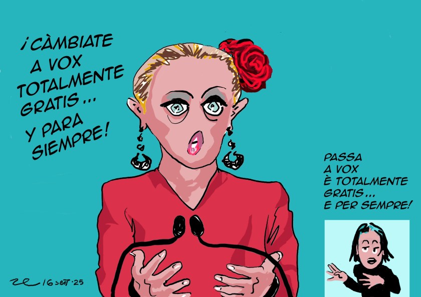 Immagine satirica di Giorgia Meloni che come una “bailadora” patriottica sostiene e promuove VOX: critica visiva ai rituali identitari e alle promesse surreali.