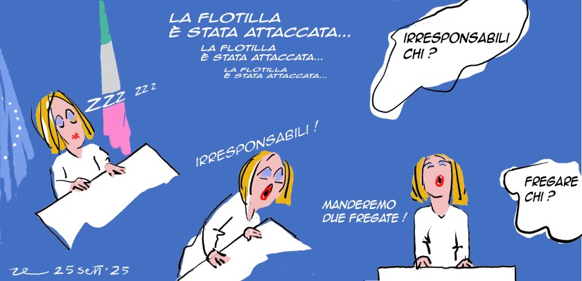 Caricatura di Giorgia Meloni sulle fregate militari inviate in soccorso della Flotilla diretta a Gaza. Satira sulla diplomazia italiana, sulla politica estera e sul simbolismo nell'invio delle fregate. 