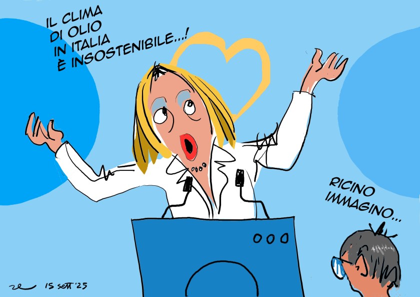 Parodia visiva delle ideologie e del populismo conflittuale che lamenta la creazione dell'odio dalla parte avversa. Gioco linguistico olio-odio.