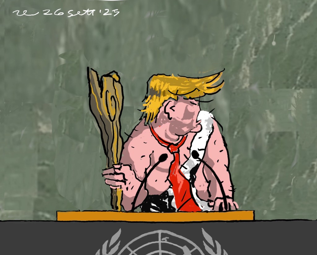 Disegni satirici della sede dell’ONU trasformata da tre politici internazionali in tre dinamiche viste come un gioco di esternazioni surreali.