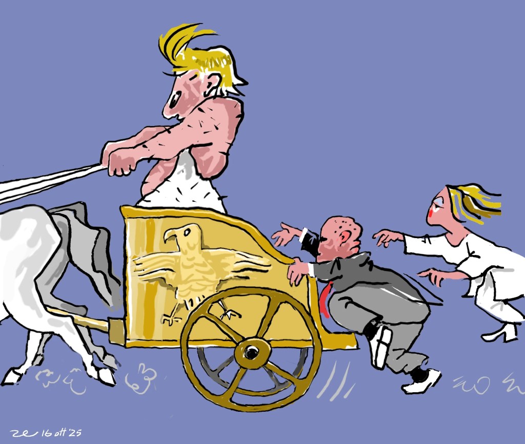 Carro del vincitore. Personaggi cercano di salire in corsa. vignetta satirica