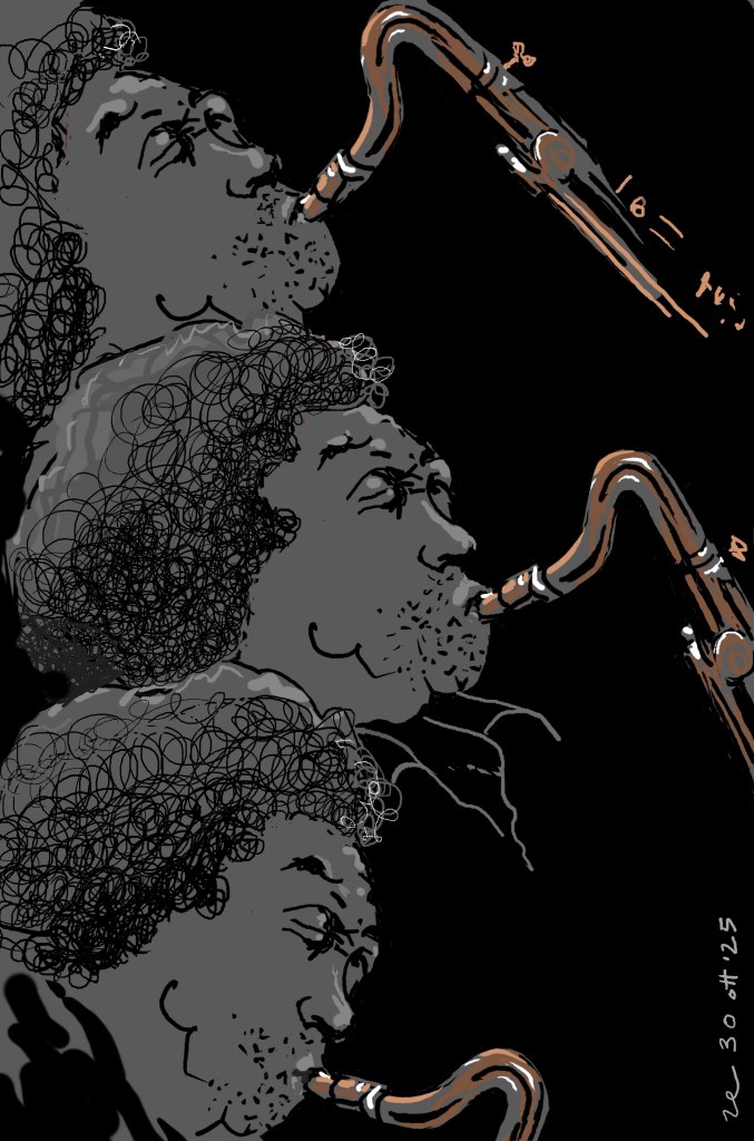 Illustrazione che rappresenta un musicista afroamericano che suona il sassofono, con il volto in diversi profili e un'espressione appassionata, su sfondo scuro.