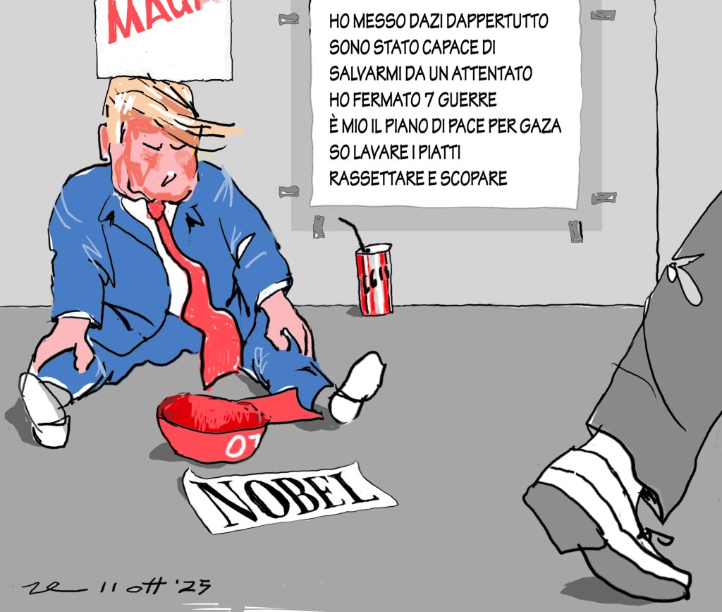 Caricatura di un personaggio seduto a terra, in atteggiamento mendicante, che chiede simbolicamente un premio Nobel. Umorismo politico. Titolo immagine (facoltativo): Un Nobel per un povero ricco