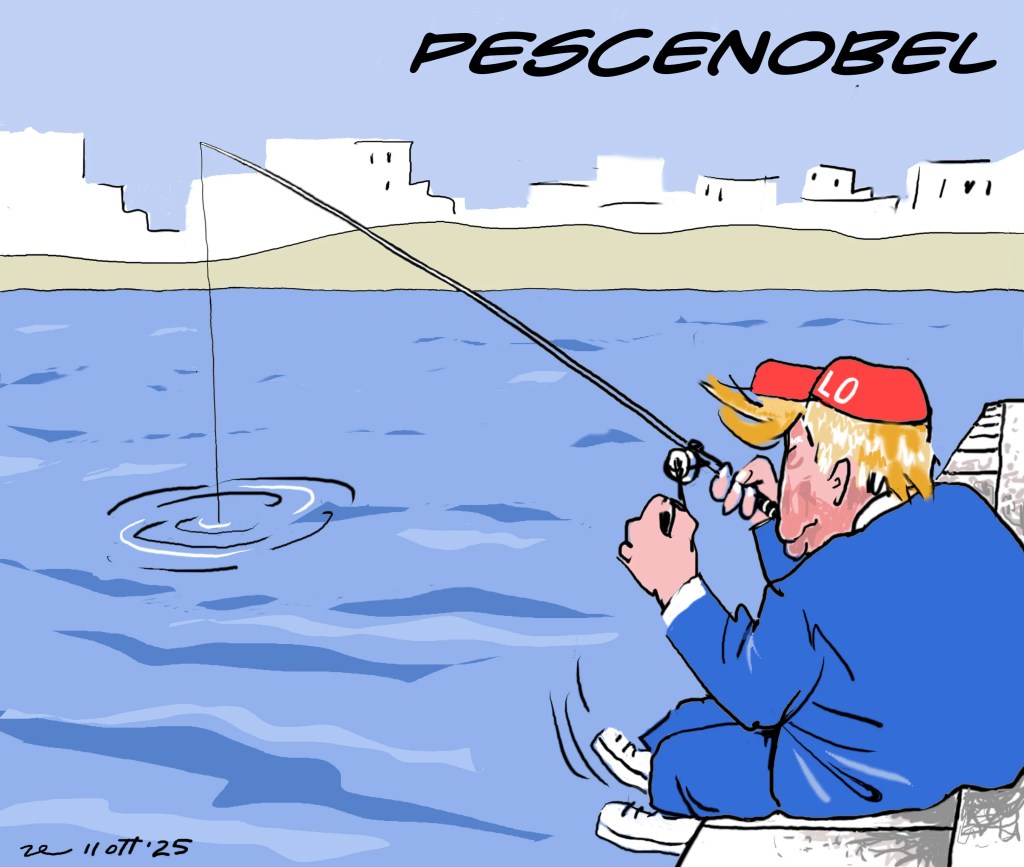 Vignetta satirica che mostra un personaggio politico intento a pescare un Nobel in mare. Metafora ironica di un leader in cerca di riconoscimento attraverso mezzi goffi e fallimentari. Prima di tre illustrazioni per il post "Santo Subito".