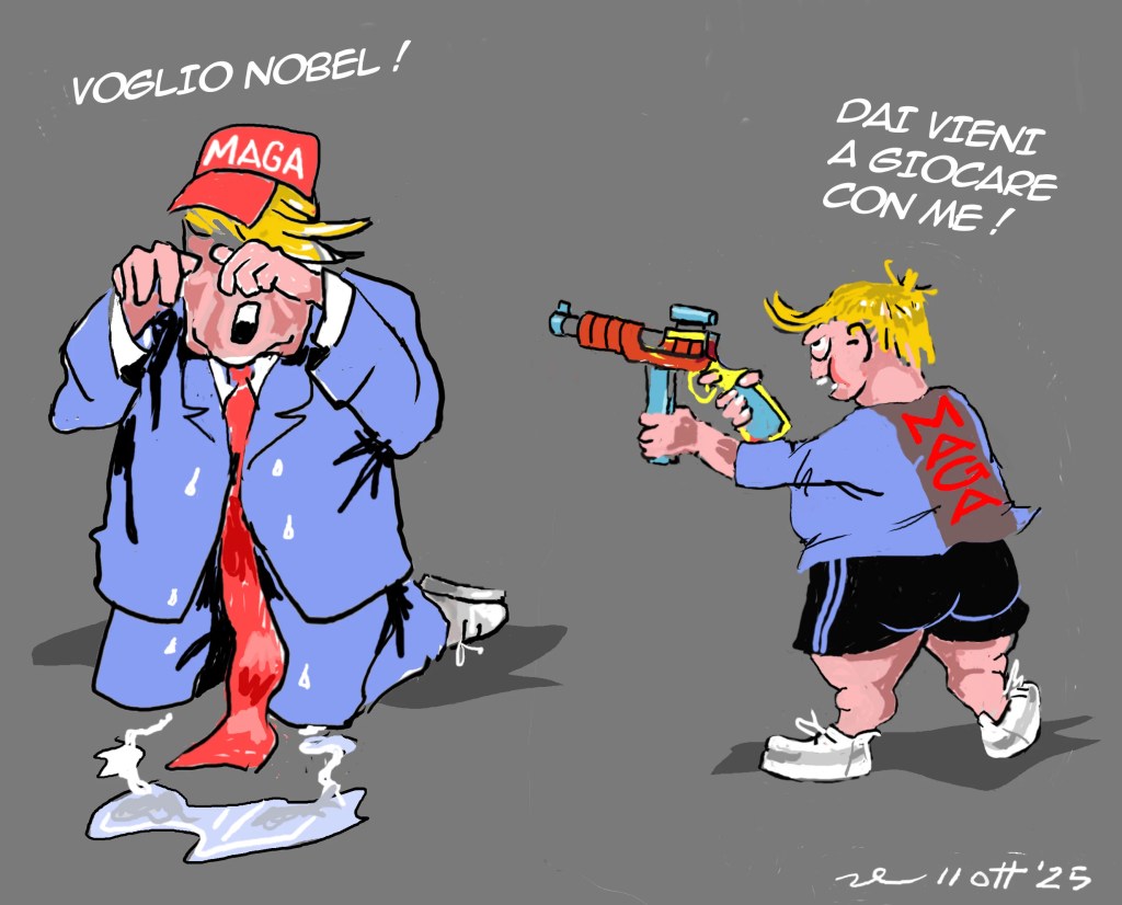 Vignetta con figura politica inginocchiata e in lacrime, affiancata da una sua versione infantile con pistola ad acqua. Satira sulla spettacolarizzazione della politica e richiesta di premi.