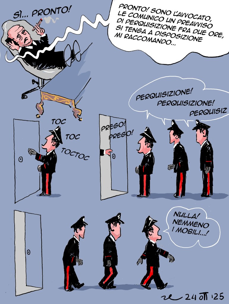 Caricatura che mostra un avvocato al telefono mentre informa della perquisizione imminente, con agenti che bussano e poi si allontanano delusi da un'abitazione vuota.