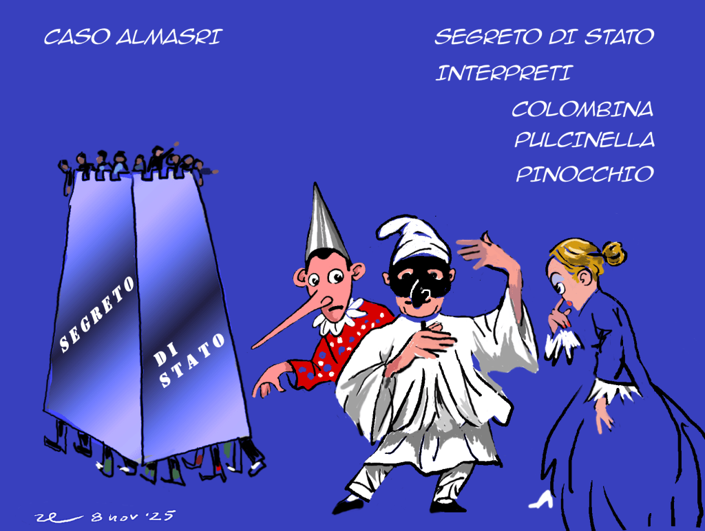 Vignetta satirica sul segreto di stato interpretato dalle maschere storiche del teatro italiano.