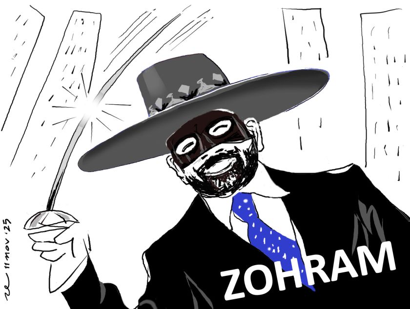 Cartoon depiction of a masked character named Zohram wearing a large hat and formal suit, holding a sword, with tall buildings in the background.