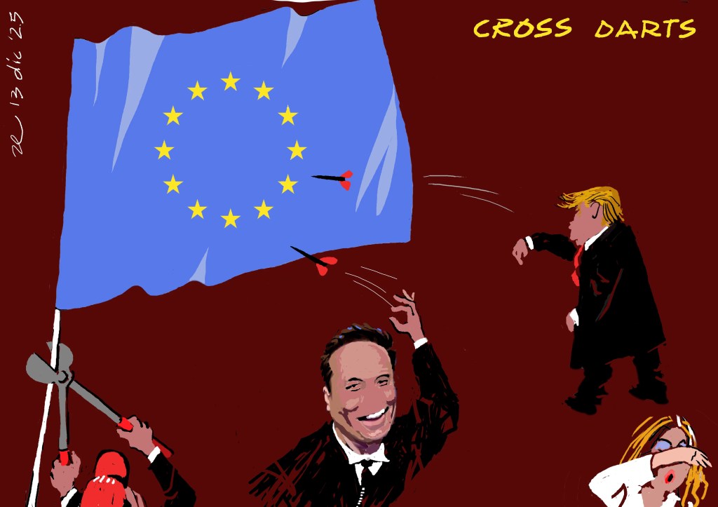 Illustrazione satirica che rappresenta delle freccette sparate verso una bandiera dell'Unione Europea, con figure umane stilizzate e il titolo 'CROSS DARTS'.