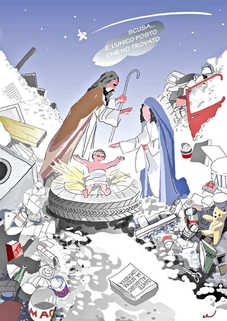 A cartoon depiction of a scene resembling the Nativity, with a baby on a tire surrounded by trash. A man, holding a staff, is speaking to a woman in a blue robe, suggesting the place is the only one they could find.