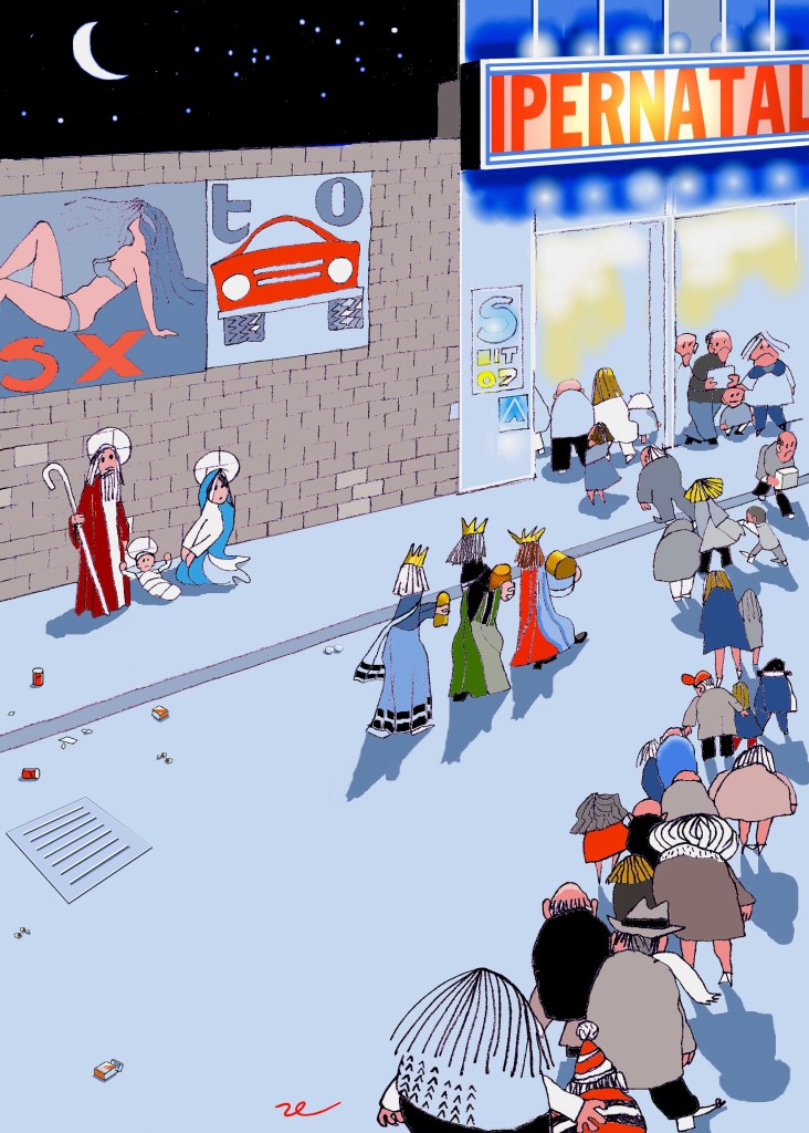 Illustrazione che rappresenta una scena natalizia, con personaggi che si dirigono verso un negozio chiamato 'IPERNATAL'. Sullo sfondo si vede un murale con un'immagine femminile e un'auto rossa, mentre il cielo è notturno con una luna visibile.