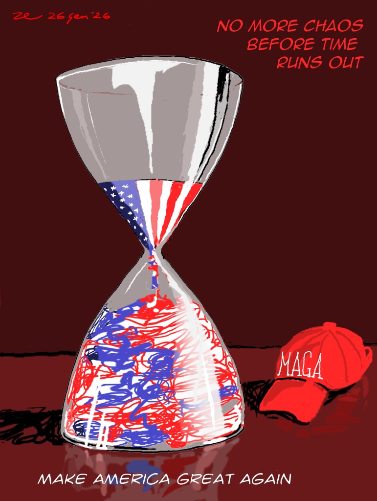 Una clessidra con colori della bandiera americana e un cappellino rosso con la scritta 'MAGA'.