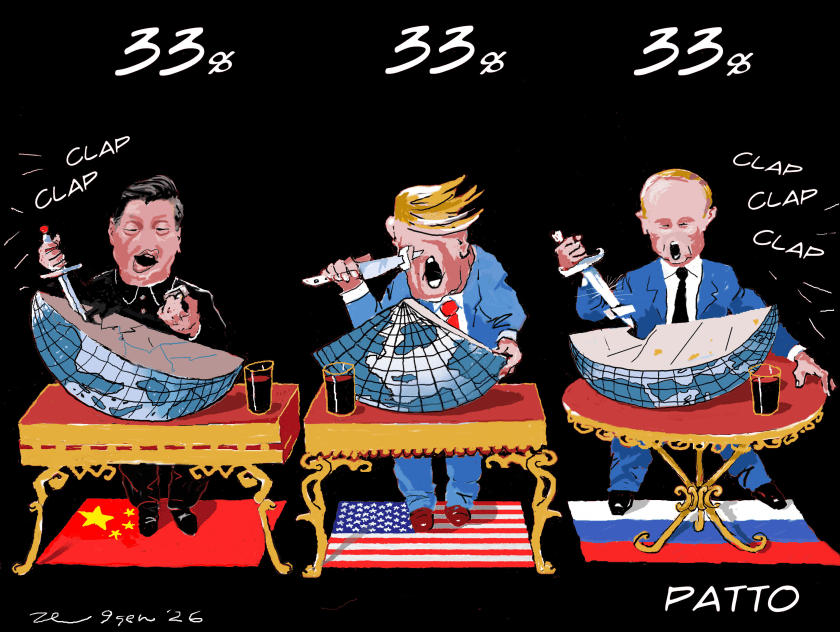 Caricatura di tre leader mondiali, Xi Jinping, Donald Trump e Vladimir Putin, che si spartiscono il globo terrestre, ognuno seduto a un tavolo con sotto la bandiera del proprio paese. Sono indicate le percentuali della suddivisione al 33% per ciascuno.