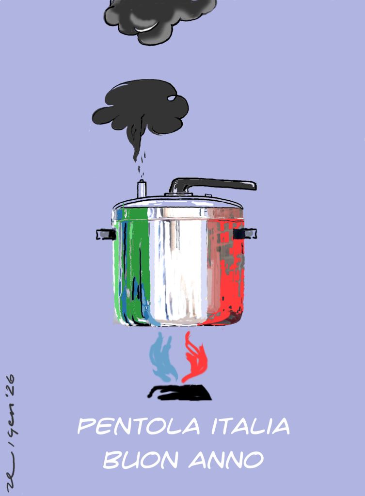 An illustrated pressure cooker with the Italian flag colors, emitting smoke, set against a pastel color background. Text below reads 'PENTOLA ITALIA BUON ANNO'.