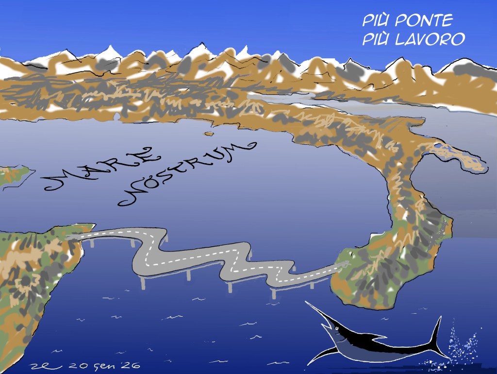 Illustrazione satirica del Ponte sullo Stretto di Messina che mostra la vista geofisica del Mar Mediterraneo sullo sfondo e la scritta "Mare Nostrum". In basso a destra, un pesce spada guizza dall'acqua.