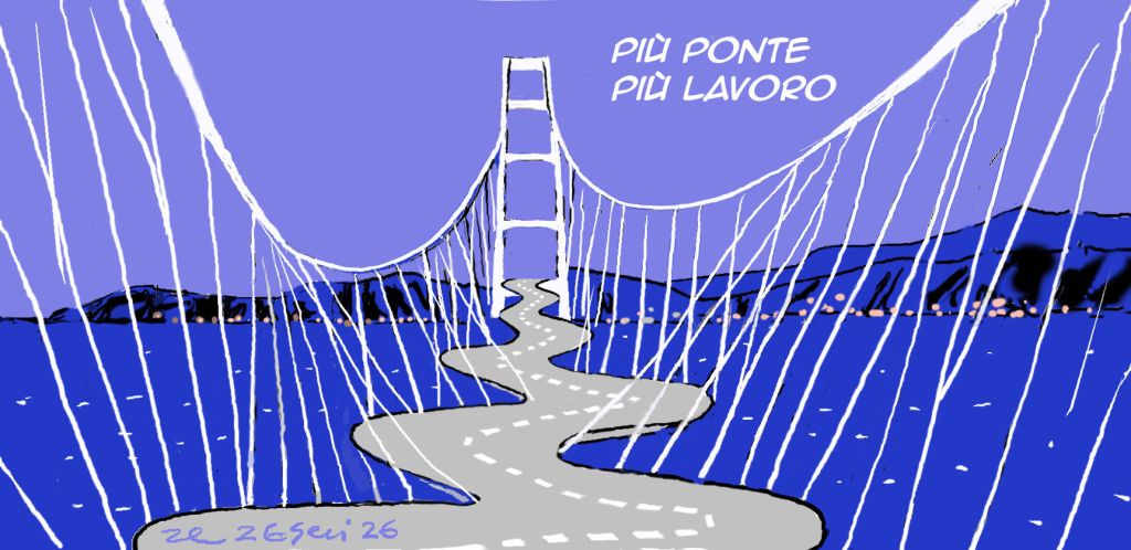 Illustrazione umoristica del Ponte sullo Stretto di Messina, con piattaforma tortuosa, sosospesa da cavi in modo surreale. Include il testo 'Più ponte, più lavoro'.