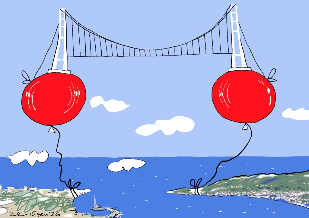 Ponte sospeso con due palloni rossi che lo sostengono, sopra un paesaggio marino con due coste e cielo azzurro. Illustrazione satirica del Ponte sullo Stretto di Messina.