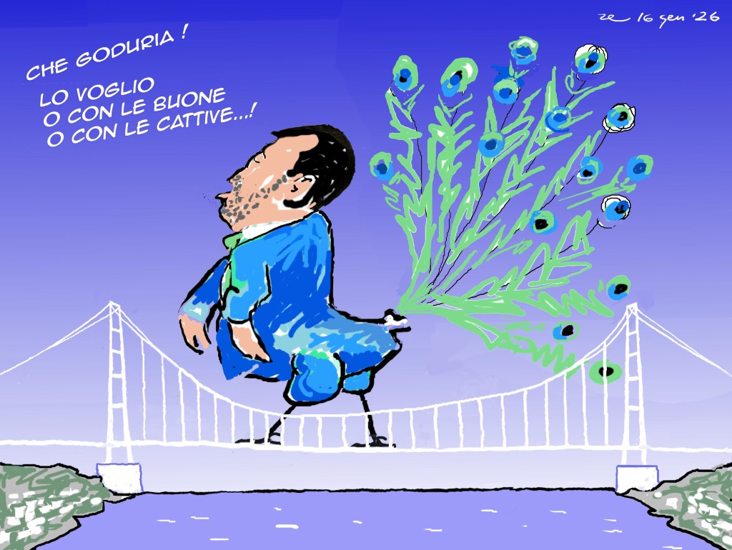 Caricatura di un uomo ornato di piume di pavone che passeggia su un ponte, con una vista sul cielo blu.