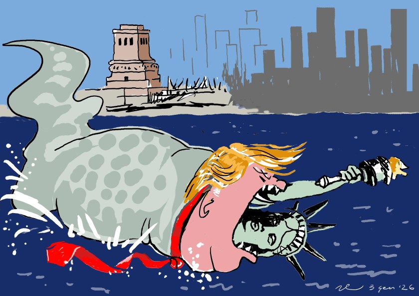 Illustrazione satirica raffigurante un immaginario pitone, col volto di una persona dai capelli arancione e con una cravatta rossa. L’enorme creatura sta ingoiando la Statua della Libertà, ne emerge ancora il volto e il braccio con la torcia. Sullo sfondo un riconoscibile skyline urbano. 