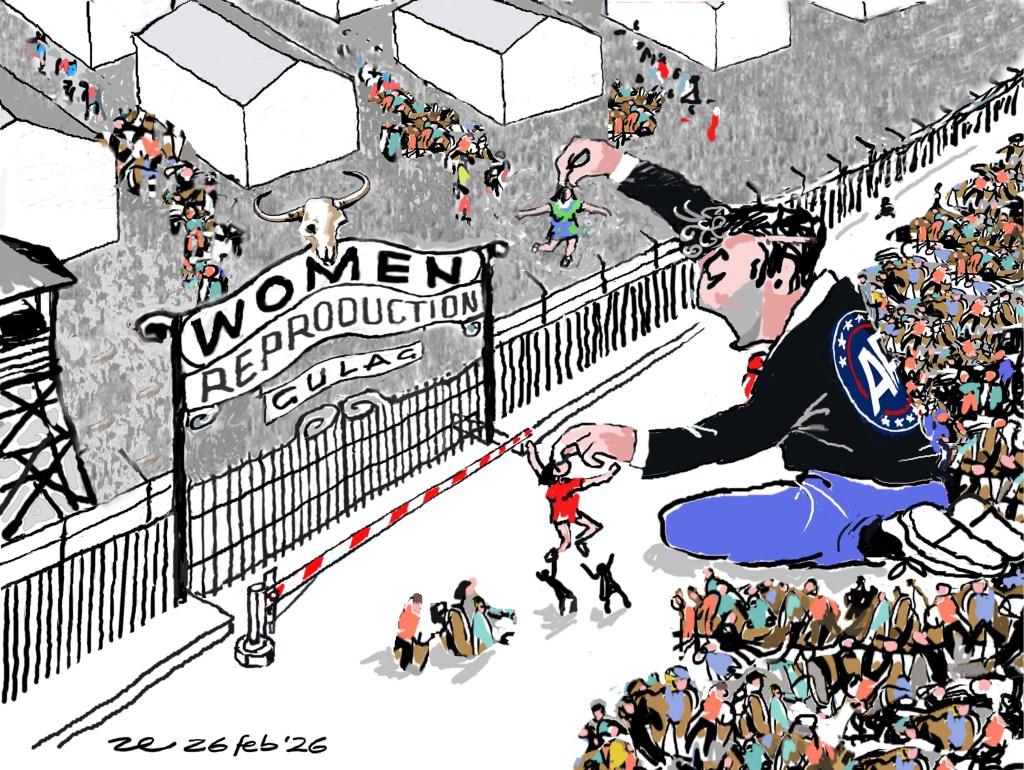 Un'illustrazione satirica che rappresenta un uomo davanti a un gulag immaginario dove ripone donne. Un cartello all'ingresso recita: 'WOMEN REPRODUCTION GULAG'. Satira della misoginia.