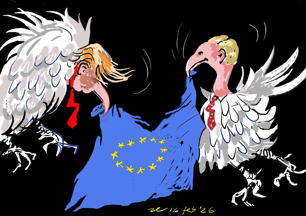 Caricatura di due personaggi con teste di avvoltoio che strappano una bandiera europea, rappresentando tensioni politiche.