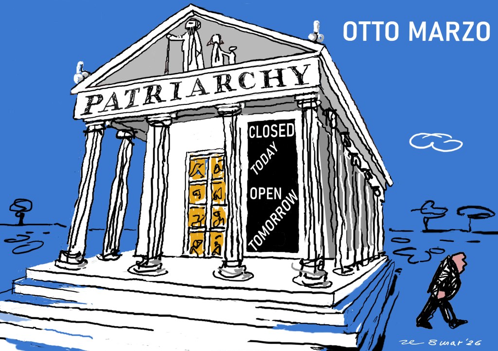 Un'illustrazione di un tempio con la scritta 'PATRIARCHY', un cartello avvisa 'CLOSED TODAY' e 'OPEN TOMORROW'. Un omino lascia il tempio sotto un cielo blu. È l'Otto Marzo. 
