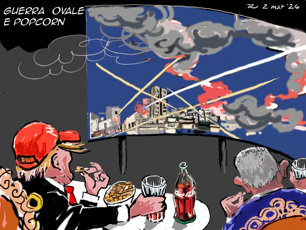 Satira di due capi politici riconoscibili, che su uno schermo avvolgente gigante, guardano scene di guerra. Su un piano popcorn e Cocacola.