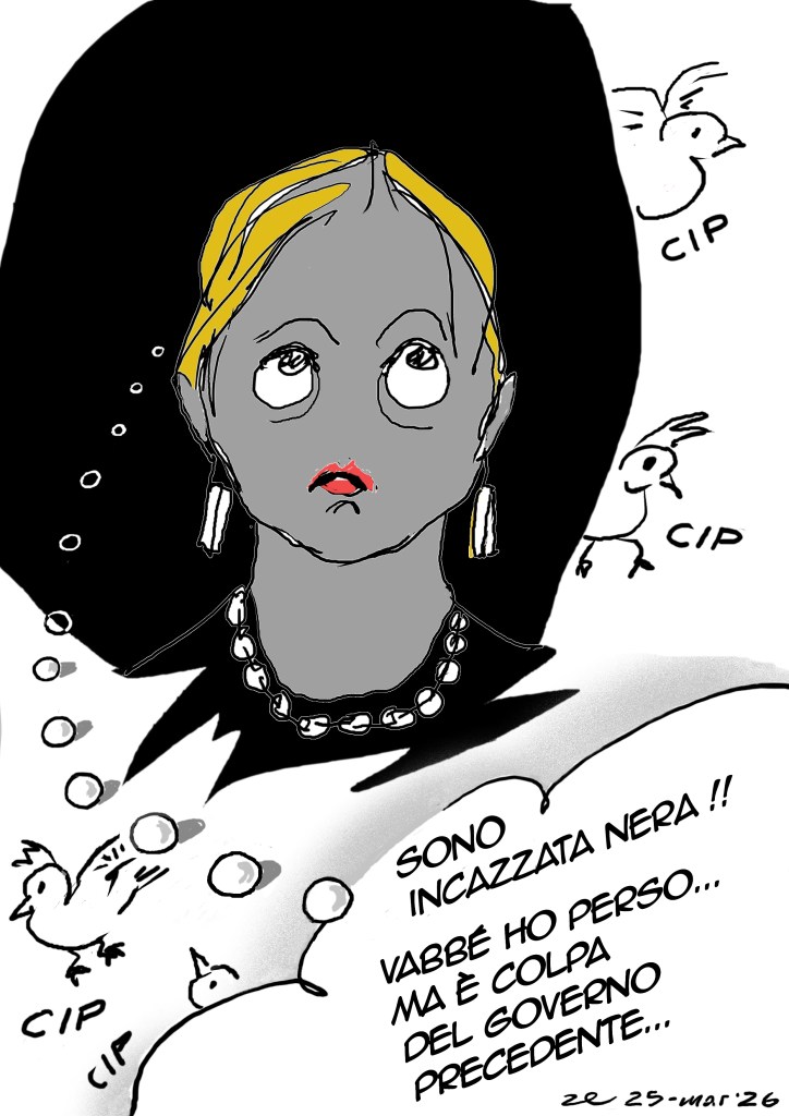 Illustrazione satirica di una donna politica riconoscibile, con capelli biondi e sguardo arrabbiato, circondata da uccelli e nuvolette di testo che esprimono frustrazione e colpe.