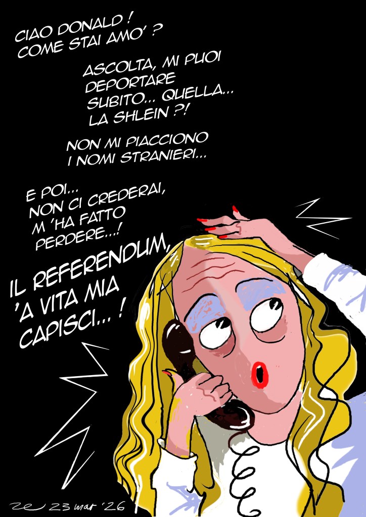Illustrazione satirica di una donna bionda al telefono, con espressione di sorpresa e delusione, mentre parla al telefono di deportazione e nomi stranieri.