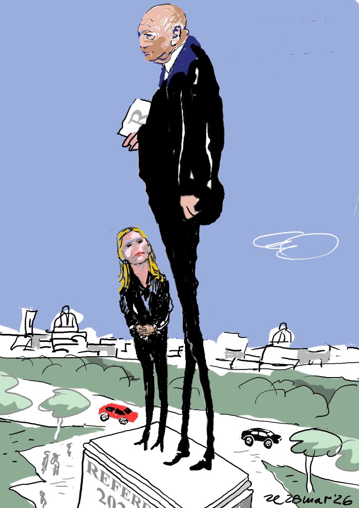 Satira dell'esito referendario 2026. Monumento ai due principali ideatori: Guardasigilli e Capa Gabinetto che no hanno ricevuto il consenso popolare.