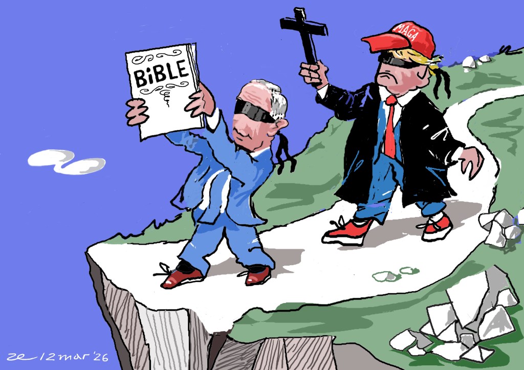 Caricatura di due capi politici riconoscibili che stanno su un precipizio, uno tiene una Bibbia e l'altro una croce, entrambi con bende sugli occhi.
