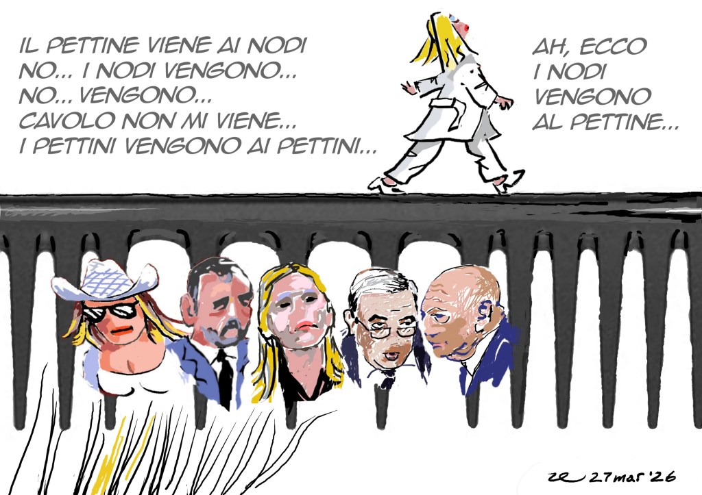 Illustrazione di politici e un personaggio che cammina su un pettine gigante, metafora sui "nodi che vengono al pettine".