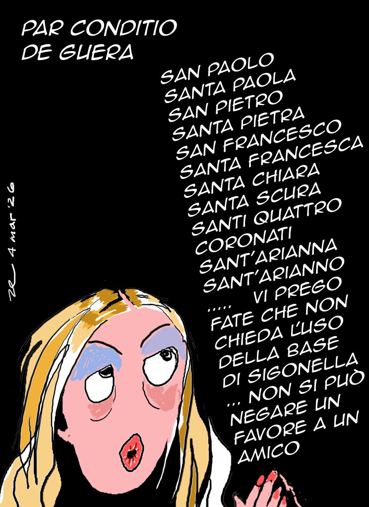 Illustrazione satirica con il titolo 'Par Conditio de Guera', (latino-romanesco). Preghiera da parte di una riconoscibile figura politica, rivolta a diversi santi, per evitare di concedere un favore imbarazzante.