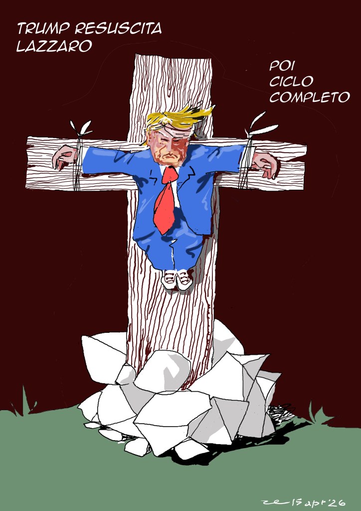 Satira su Donald Trump che fa propaganda politica urilizzando immagini e concetti religiosi.