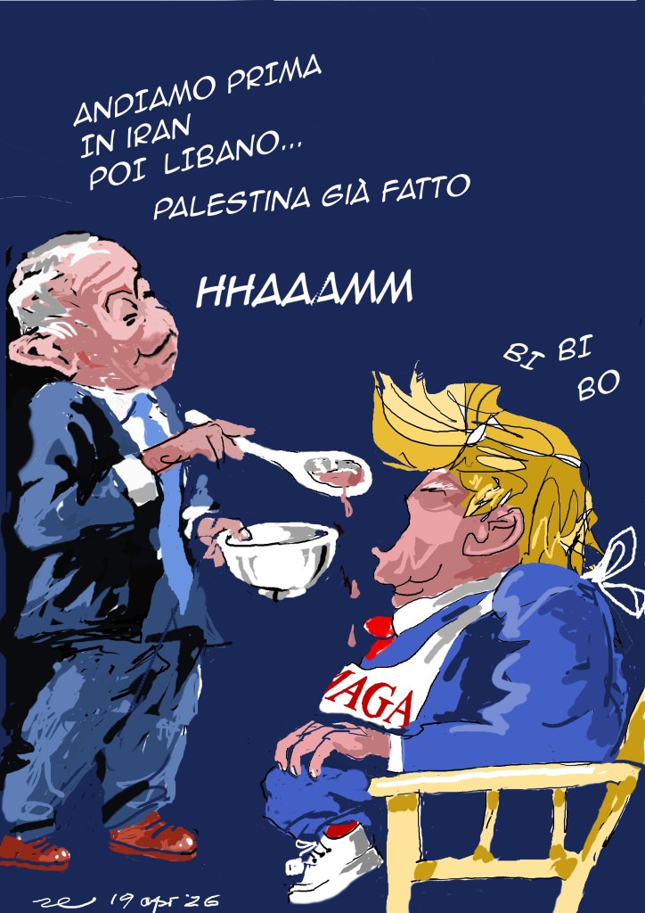 Vignetta satirica raffigurante Netanyahu che imbocca Trump.